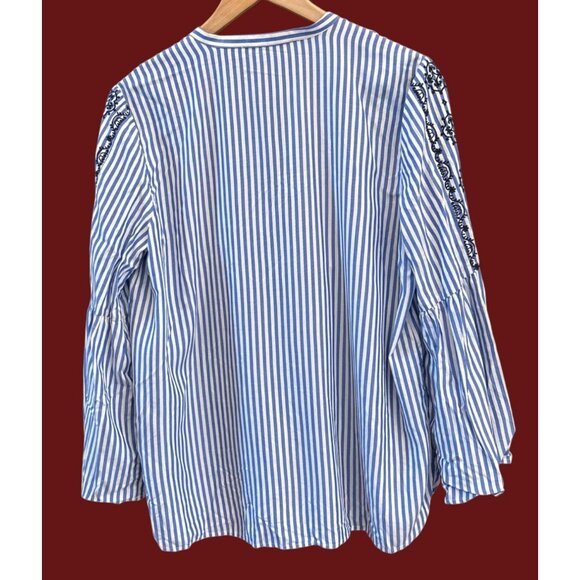 LOFT Blue White Striped Boho Embroidered Blouse Peasant Tunic Top Large Petite - Picture 5 of 7